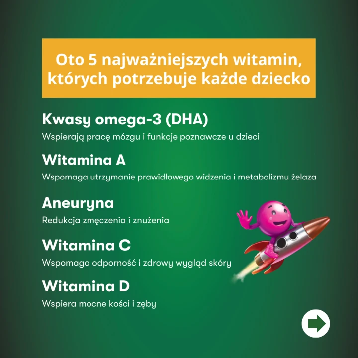 Oto 5 najważniejszych witamin dla dzieci na zielonym tle.png